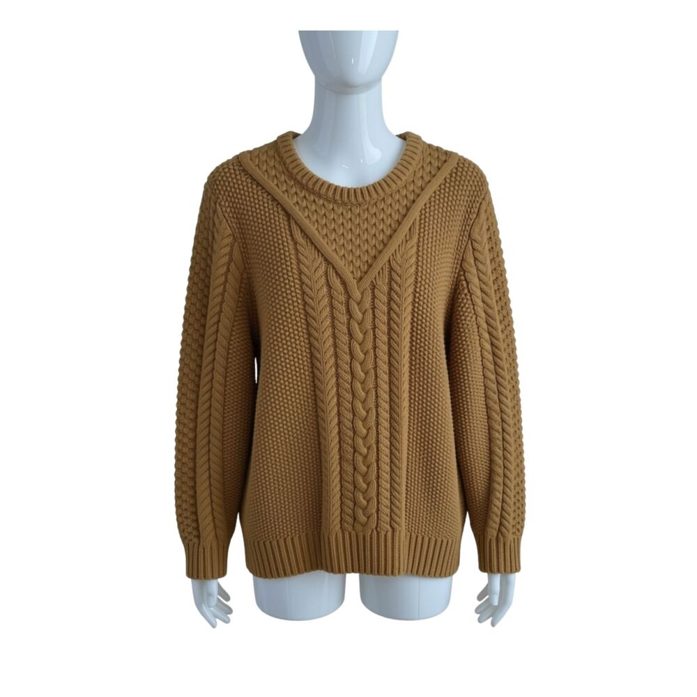 LL Bean Signature Mustard Gold Cable Knit Pullover Sweater Size Large